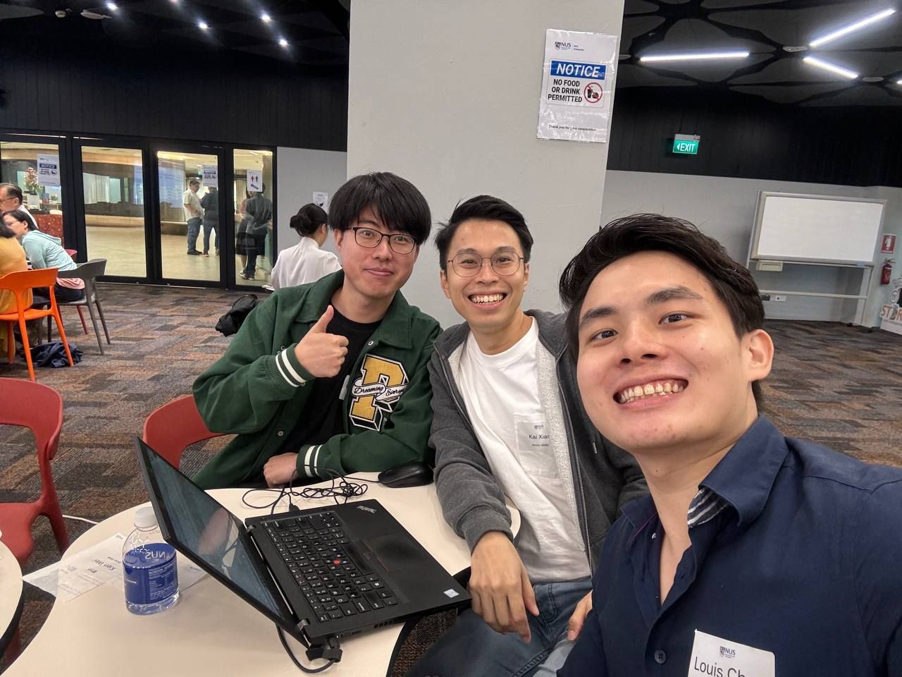 Greenbix’s founding team at an NUS GRIP workshop session to delve into market sizing and competitive analysis, in 2024. From right: Louis Chan, Kai Xian Cheng and Guo Shuai.  