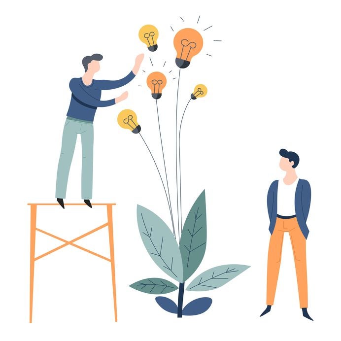 Business or startup growing and collecting ideas concept office worker and plant with light bulbs vector employees colleagues or coworkers entrepreneurs invention and great thought indoor flower.